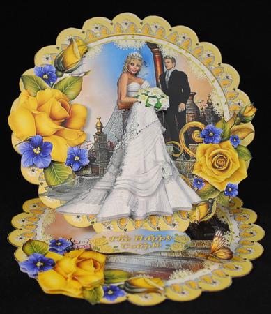 Lemon Roses Bride and Groom Scalloped Round Easel Card by Yvonne Middleton