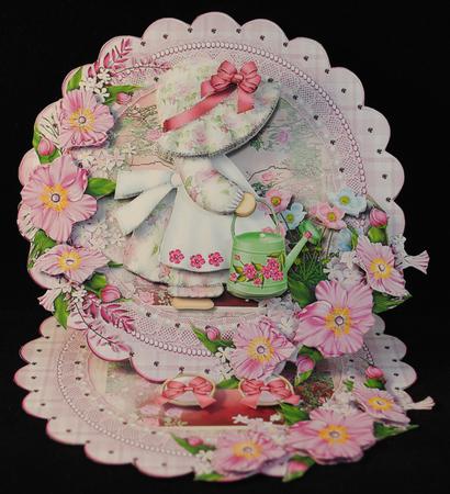 Pretty Little Garden Lady Scalloped Round Easel Card by Yvonne Middleton