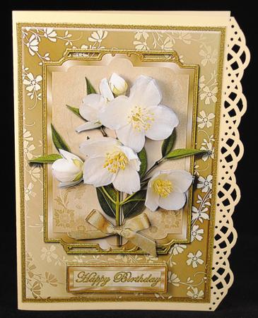 White Flowers and Gold Card Front by Yvonne Middleton