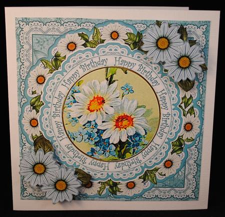 Blue Daisies Happy Birthday 7in Doily Decoupage Topper by Yvonne Middleton