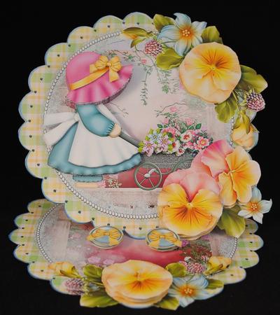 Little Flower Lady Scalloped Round Easel Card by Yvonne Middleton