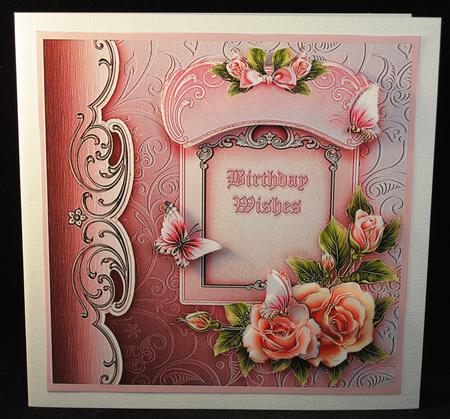 Pink Roses with Ornate Border - 8in x 8in Decoupage by Yvonne Middleton