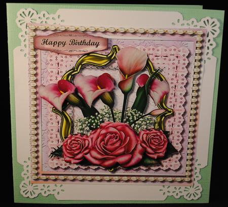 Beautiful Pink Flowers on Lace and Pearls by Yvonne Middleton