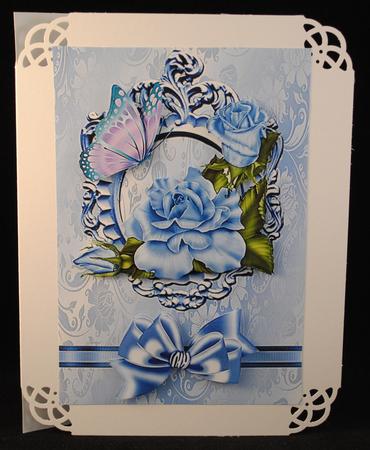 Blue Roses, Butterfly in Ornate Frame with Border Bow by Yvonne Middleton