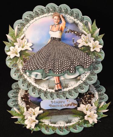 Flirty Rock and Roll Lady Scalloped Round Easel Card by Yvonne Middleton