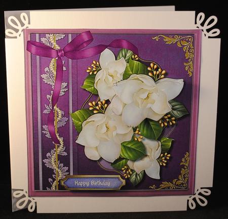 Lovely White Magnolias in Deep Lavender Frame by Yvonne Middleton
