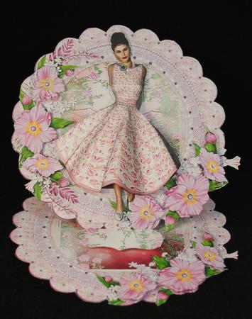 Retro Lady in Pink Scalloped Round Easel Card by Yvonne Middleton