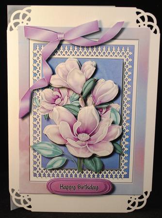 Lovely Soft Lilac Magnolias on Lace  by Yvonne Middleton