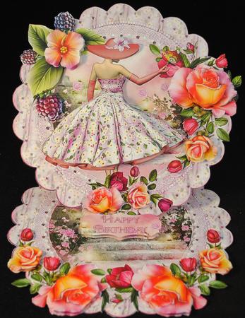 1950's Pink Lady Scalloped Round Easel Card by Yvonne Middleton