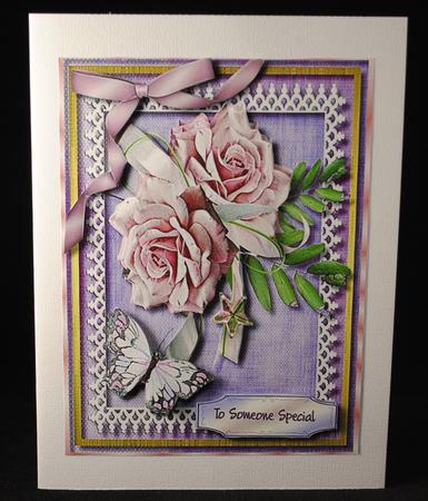Lovely Lilac Roses and Butterfly on Lace  by Yvonne Middleton