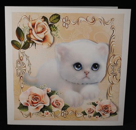 Fluffy White Kitten with Beautiful Pink Roses 8x8 by Yvonne Middleton