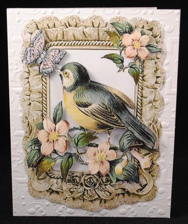 Pretty Song Bird with Peach Flowers in Frill Frame by Yvonne Middleton