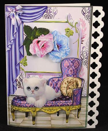 Fluffy White Kitty with Purple Roses by Yvonne Middleton