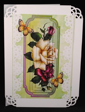 Red/cream Roses on a Plaque with Lace Pyramids by Yvonne Middleton