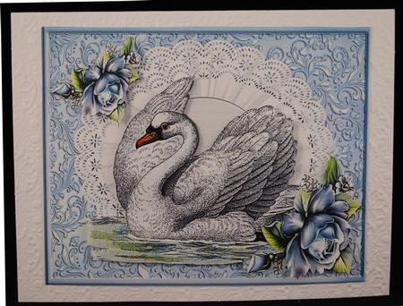 Beautiful Vintage Swan on Lace with Blue Roses by Yvonne Middleton