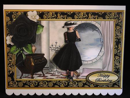 Elegant Lady in Black Gazing Through Window Card Front by Yvonne Middleton
