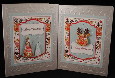 Christmas Reindeer and Trees with Blue Border by Yvonne Middleton