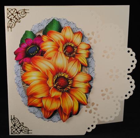 Beautiful Golden Dahlias on a Lace Plaque by Yvonne Middleton