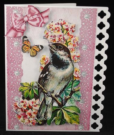 Pretty Bird on a Branch with Vintage Lace by Yvonne Middleton