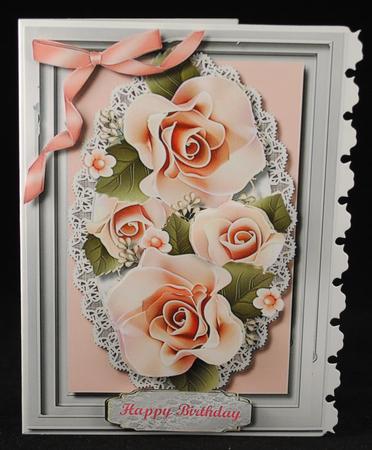 Beautiful Pink Roses on Lace and Silver by Yvonne Middleton