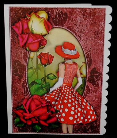 Lady in Red with Roses Card Front by Yvonne Middleton