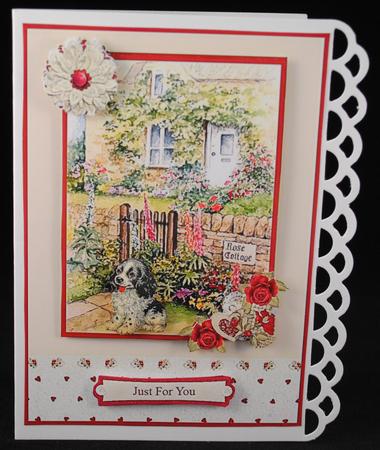 Rose Cottage & Puppy Card Front & Floral Decoupage by Yvonne Middleton