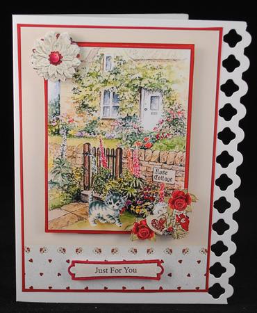 Rose Cottage & Kitten Card Front & Floral Decoupage by Yvonne Middleton