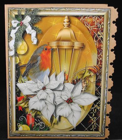 Llovely Robin with Cream Poinsettias in a Gold Frame by Yvonne Middleton