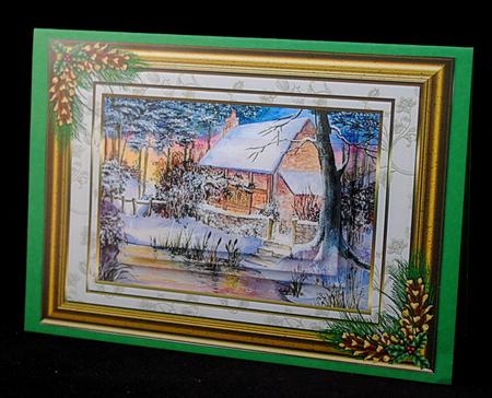 A Snowy Cottage at Christmas Pyramid Card Front by Yvonne Middleton