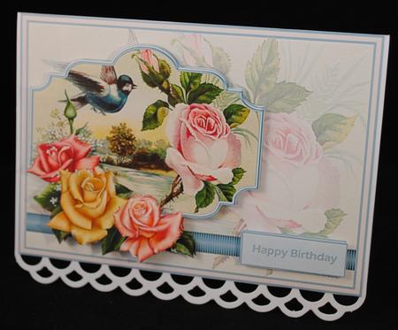 Pink Rose and Blue Bird Card with Decoupage by Yvonne Middleton