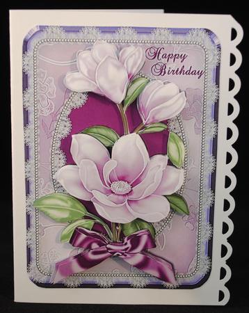 Lilac Magnolias on Lace Frame Birthday Card Front by Yvonne Middleton