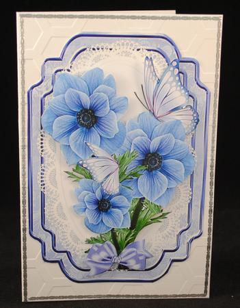 Pretty Lilac & Blue Flowers with Butterflies on Lace by Yvonne Middleton