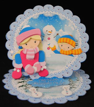 Snowball Fight Scalloped Round Easel Card by Yvonne Middleton