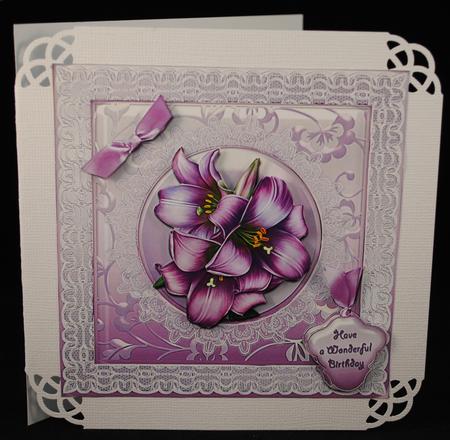 Lilac Lilies Lace Framed Large Card Front by Yvonne Middleton