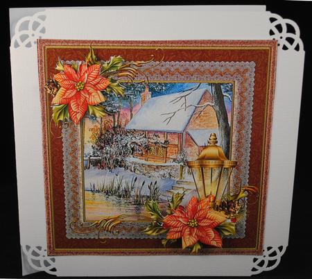 Christmas Cottage Scene Lace and Poinsettias by Yvonne Middleton