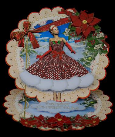 Fifties Christmas Lady Scalloped Round Easel Card by Yvonne Middleton