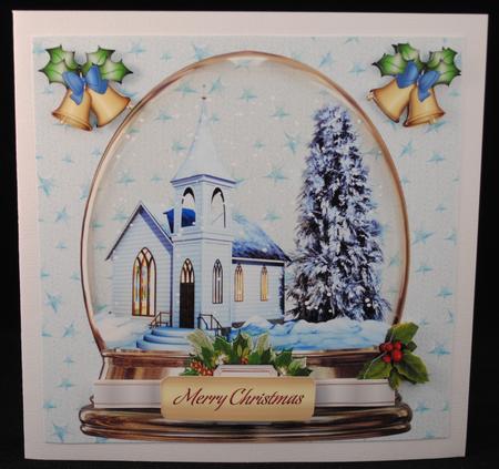 Beautiful Church in a Snowdome with Bells and Holly 8x8 by Yvonne Middleton