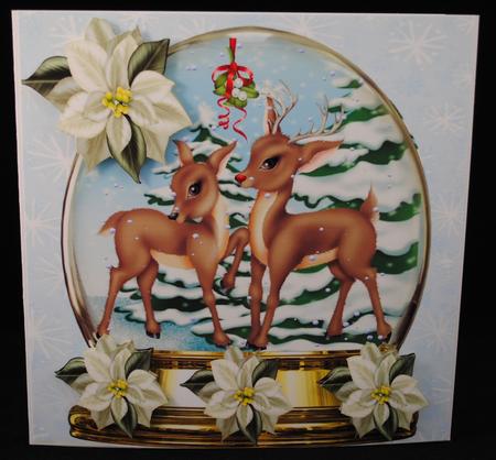 Gorgeous Little Deers in a Snow Globe with Poinsettias by Yvonne Middleton