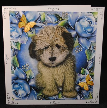 Cute Brown Shaggy Dog in Blue Roses 8x8 by Yvonne Middleton