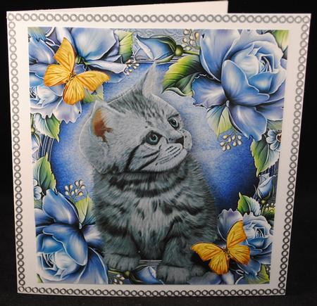 Beautiful Grey Cat in Blue Roses 8x8 by Yvonne Middleton