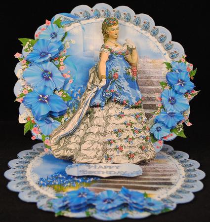 Victorian Lady in Blue Scalloped Round Easel Card by Yvonne Middleton