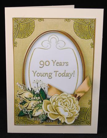 Cream Rose 90 Years Young! Oval 7x5in Decoupage Topper by Yvonne Middleton