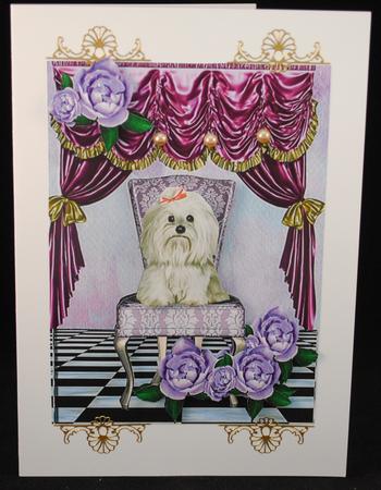 Cute Westie Sitting with Roses and Satin Drapes by Yvonne Middleton