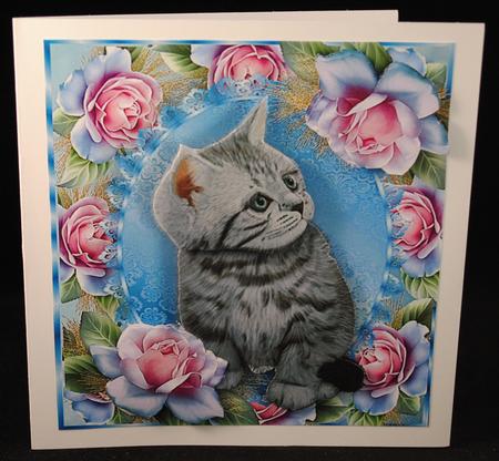 Beautiful Pink & Blue Roses with Kitten 8x8 Mini Kit by Yvonne Middleton