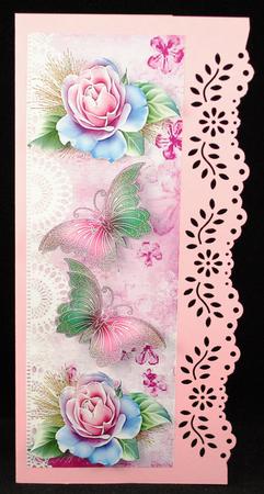 Pretty Pink Roses and Butterflies on Lace Tall Dl by Yvonne Middleton