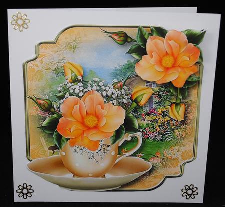 Teacup, Saucer & Peach Roses - Shaped Topper by Yvonne Middleton
