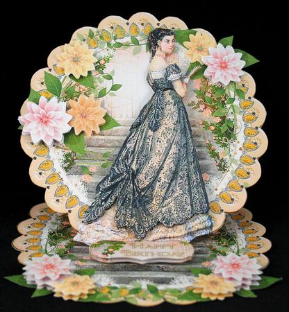 Victorian Lady Camellia Scalloped Round Easel Card by Yvonne Middleton