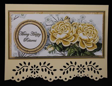 Cream Roses Many Happy Returns Dl Decoupage Topper by Yvonne Middleton