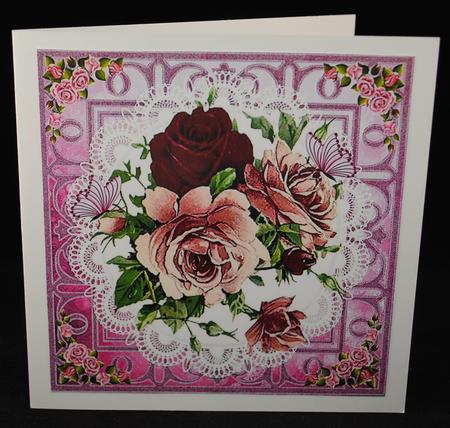 Pretty Roses on Lace with Butterflies Card and Toppers by Yvonne Middleton