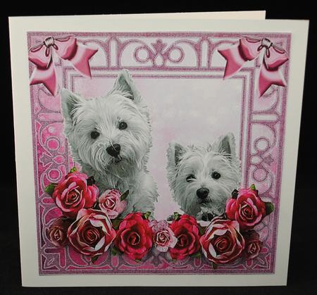 Peekaboo Westies with Pink Roses and Bows 8x8 by Yvonne Middleton
